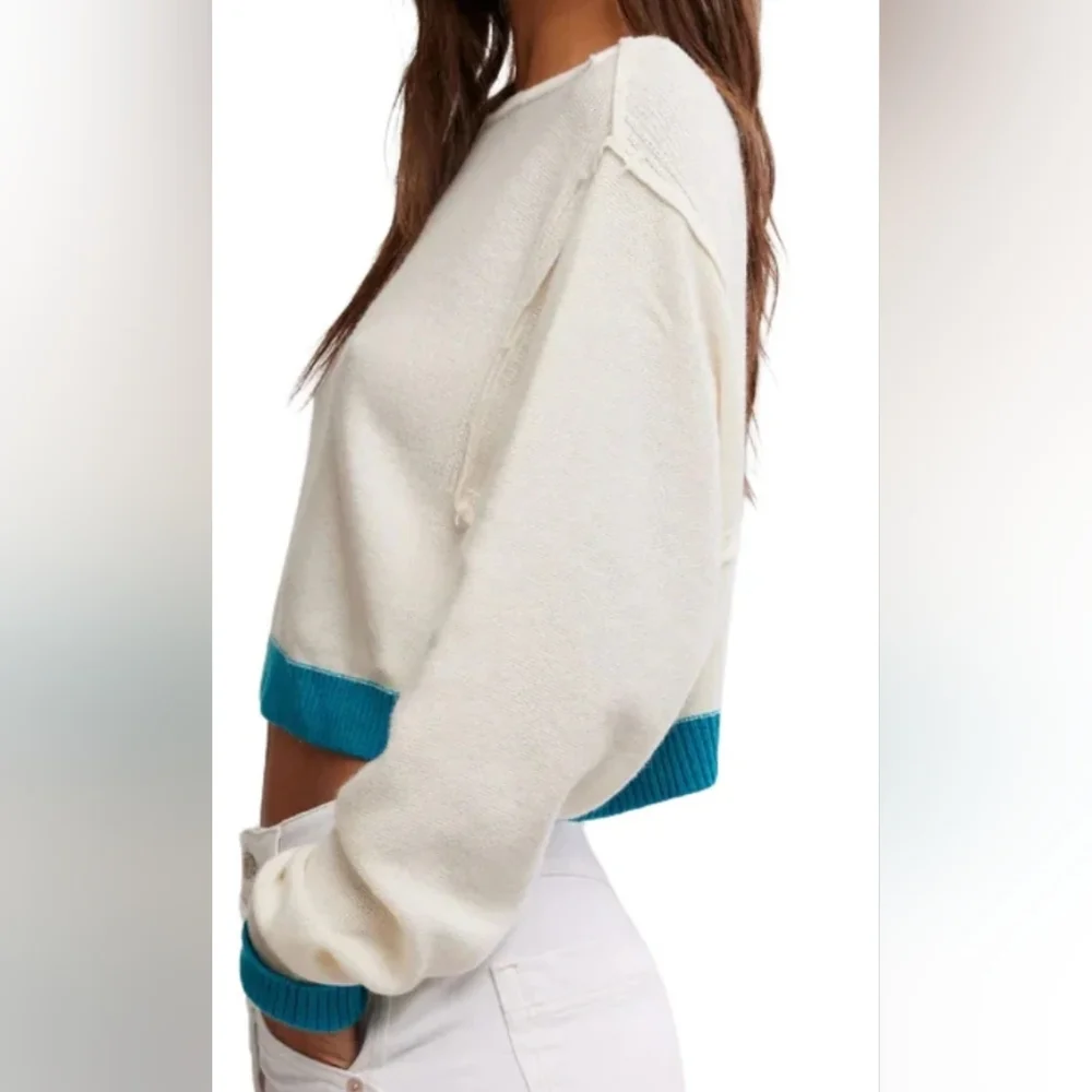 Free People Cream Cropped Sweater with Teal Trim - Picture 3 of 16